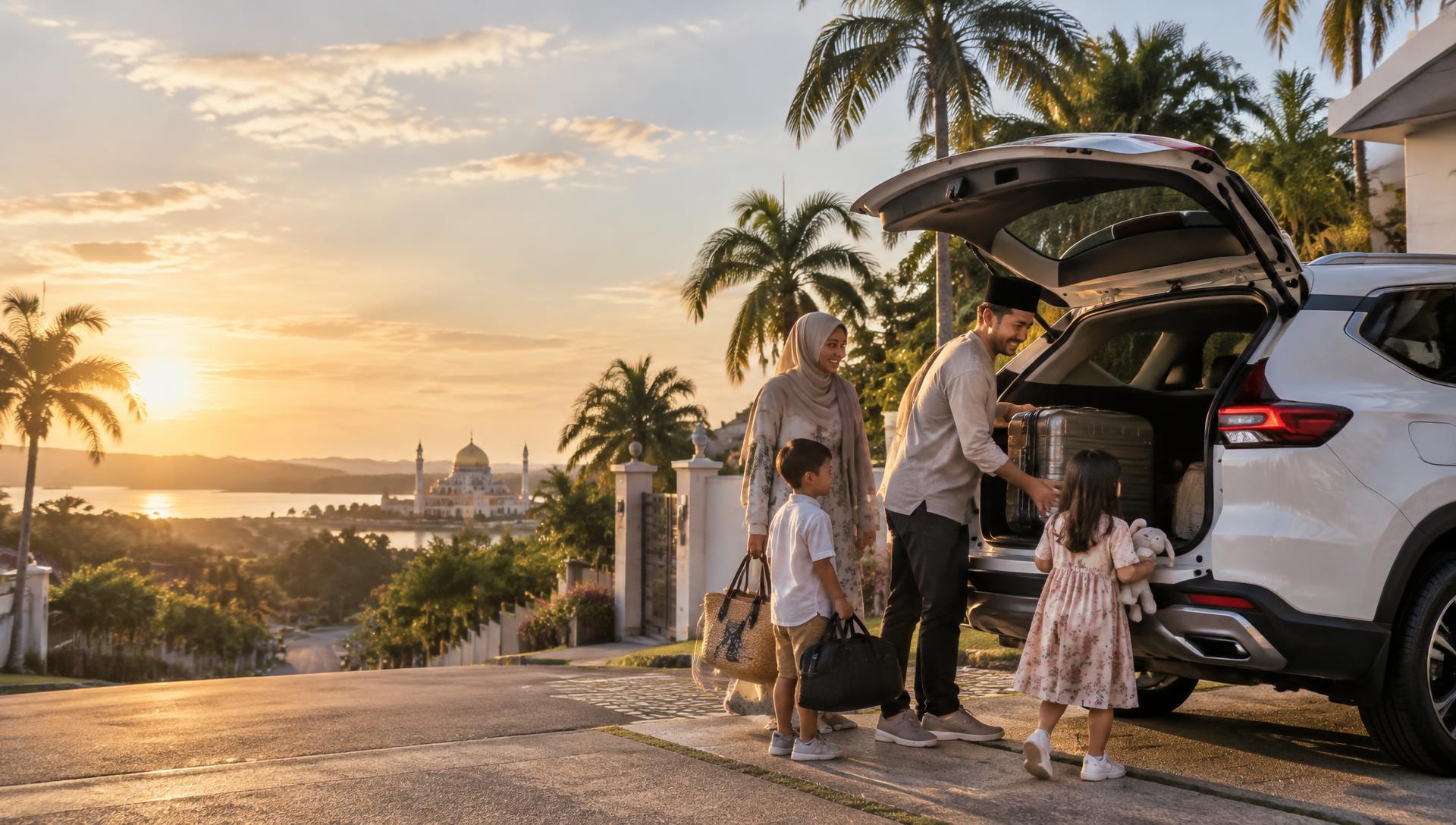 Bruneian family loading their SUV at sunset